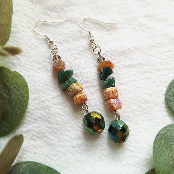 Whimsigoth Gemstone Earrings, Indian Agate, Czech Glass & Porcelain Beads, Earth - Picture 6 of 8
